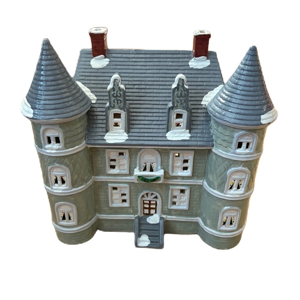 Vintage Yuletide Lakeside Mansion 11 in Tall Christmas Village Gray Holiday